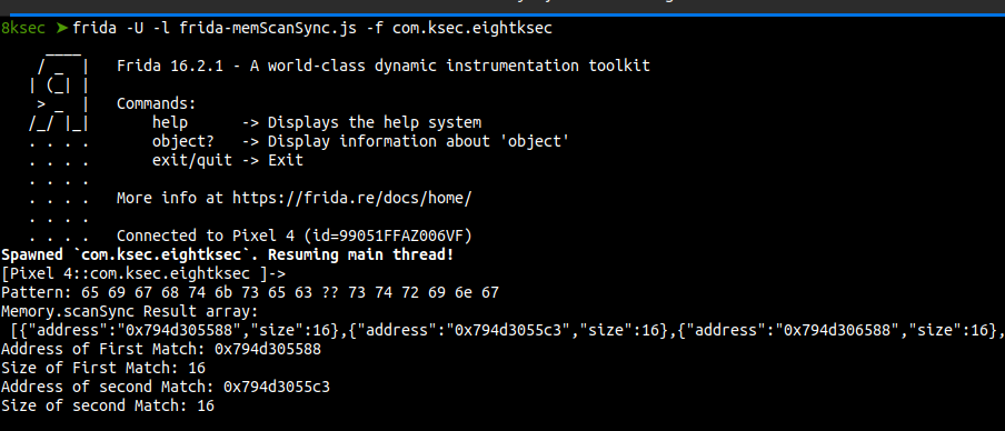 Frida Memory.scanSync results showing matched addresses and sizes for eightksec pattern