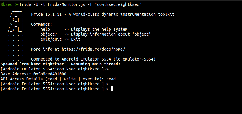 MemoryAccessMonitor output showing read access event at monitored memory address