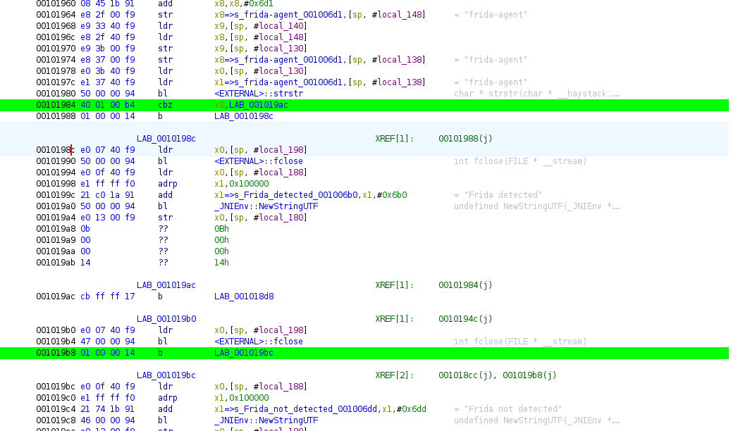 Ghidra disassembly of libeightksec.so showing branch instructions for Frida detection logic