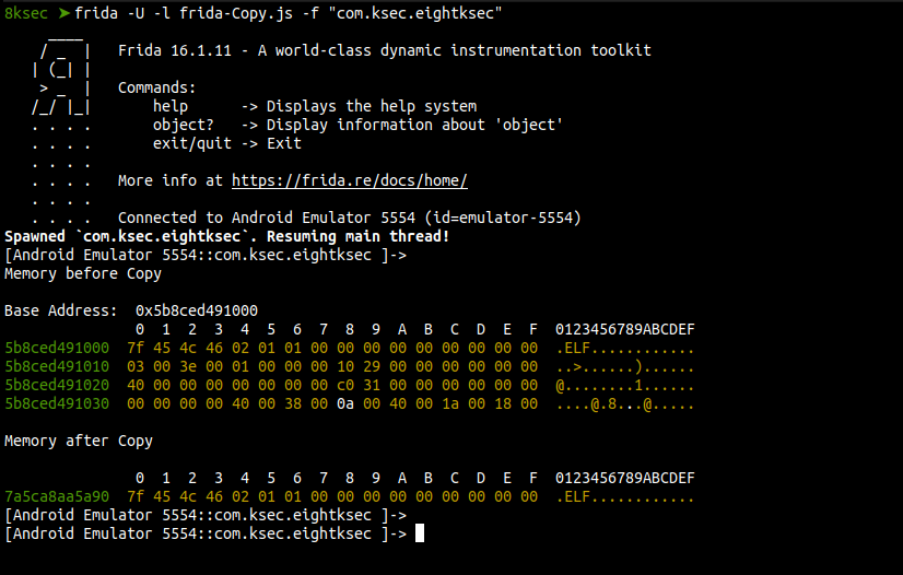 Frida Memory.copy output showing ELF header successfully copied to newly allocated memory