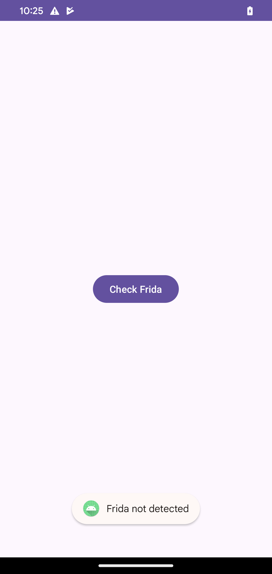 App UI showing Frida not detected toast after control flow was patched with Memory.patchCode