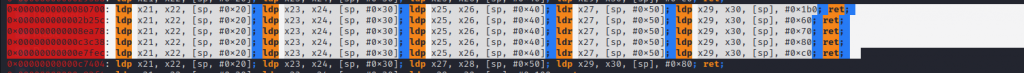 Useful ROP gadgets with ldp instructions for registers x21 to x30