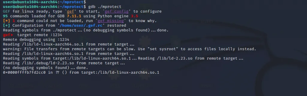 GEF connected to remote gdbserver target
