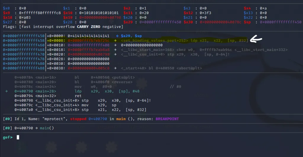 GEF highlighting ROP gadget address on the stack
