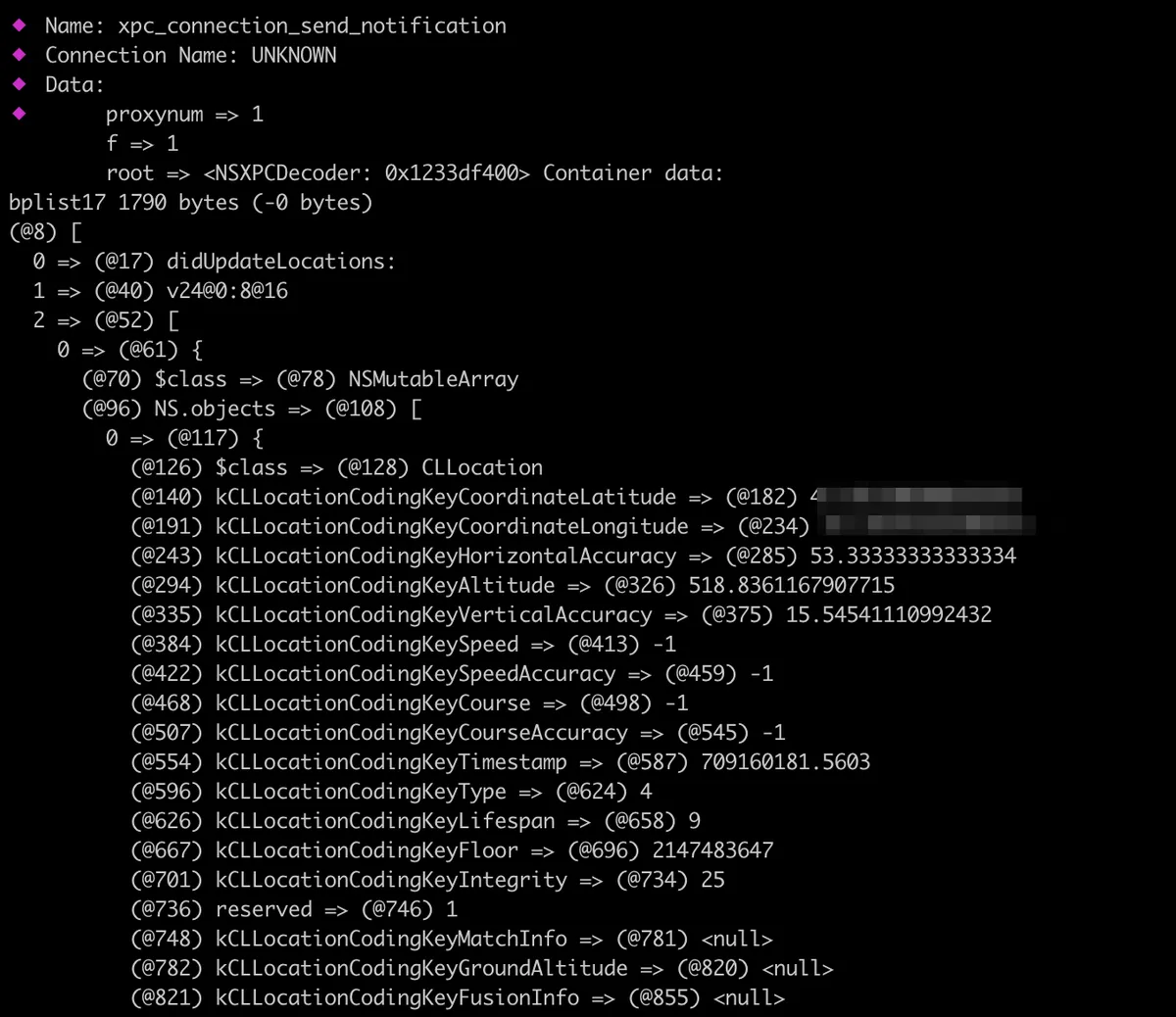 gxpc intercepted bplist17 XPC message containing longitude, latitude and accuracy data