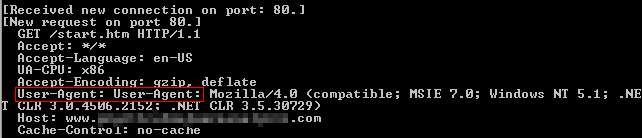 FakeNet output showing hard-coded duplicate User-Agent header in malware HTTP request