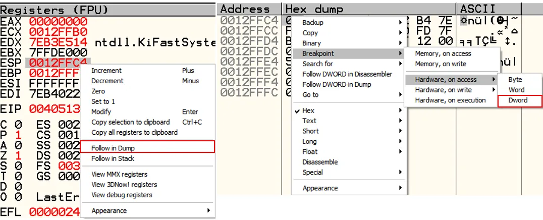 OllyDbg hardware breakpoint set on memory access where POPAD restores saved registers at OEP