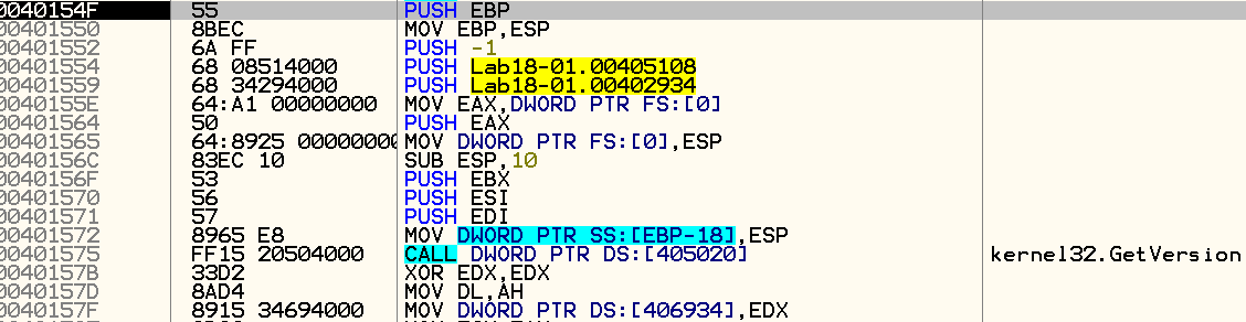 OllyDbg assembly at OEP showing classic PE prologue with push EBP, mov ESP, and GetVersion call