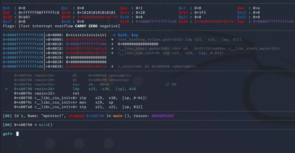 Breakpoint hit at ldp showing stack with gadget address