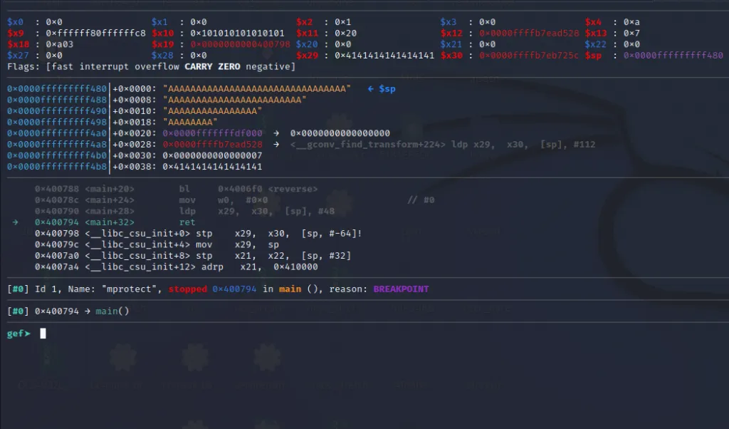 Breakpoint hit at ret with full exploit payload loaded