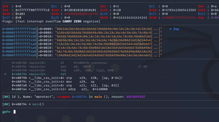 Breakpoint hit at ret instruction with pattern on stack