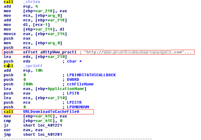 Assembly code of function sub_4010BB building HTTP GET request with URLDownloadToCacheFileA