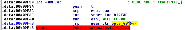 IDA Pro assembly showing jmp instruction where IDA failed to trace further code execution