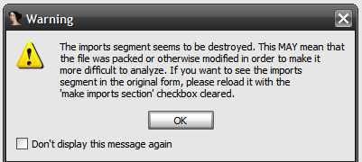 IDA Pro warning popup indicating file entry point is suspicious and likely packed