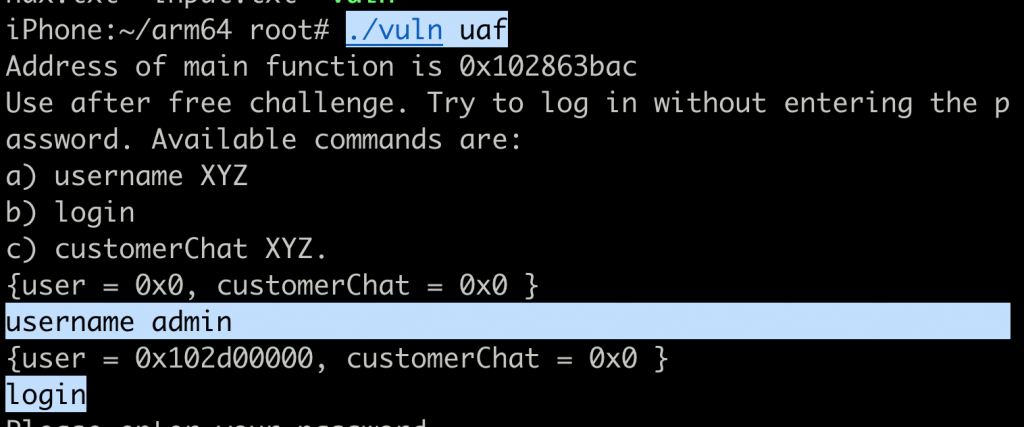Successful use-after-free exploit login by overwriting freed user password