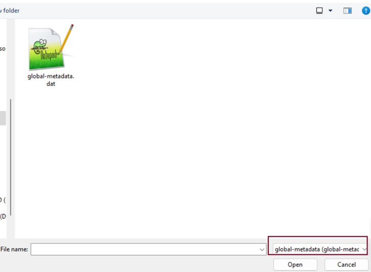 Il2CppDumper file browser dialog showing global-metadata.dat selection