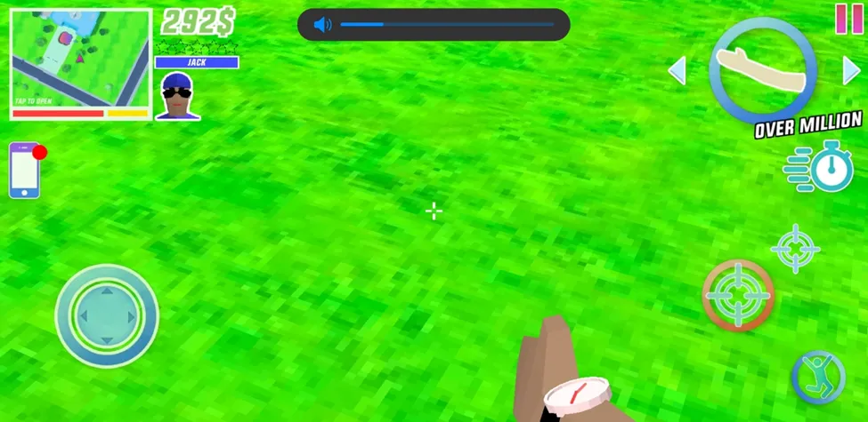 Game screenshot showing player picking up money with balance increased by $2