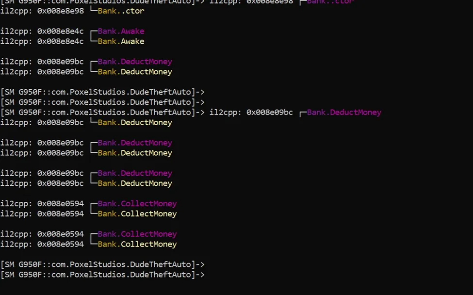 Frida console output showing Bank class CollectMoney method successfully intercepted