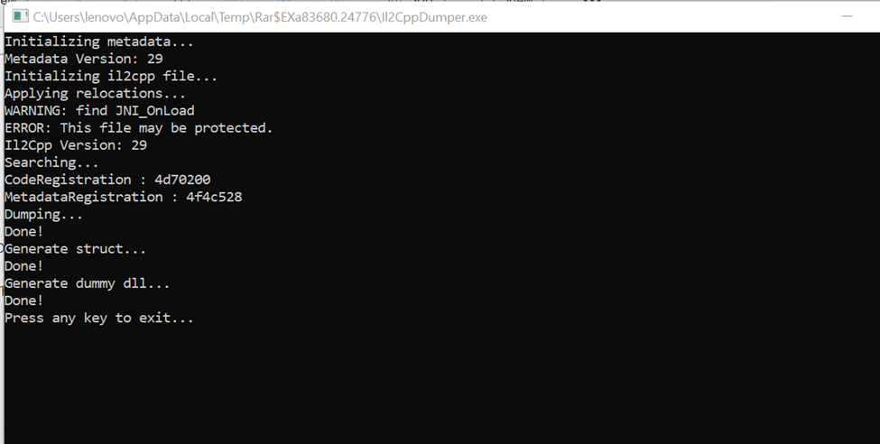 Il2CppDumper output showing successfully dumped DLL source code files