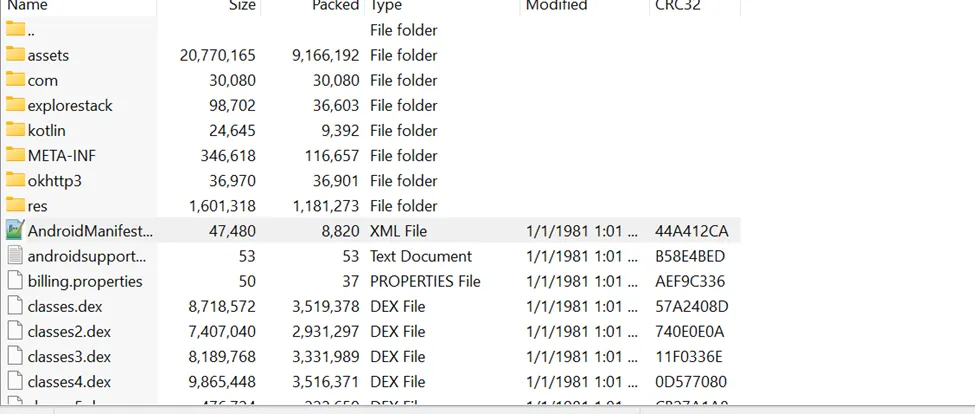 APK contents showing il2cpp.so library file is absent from the package