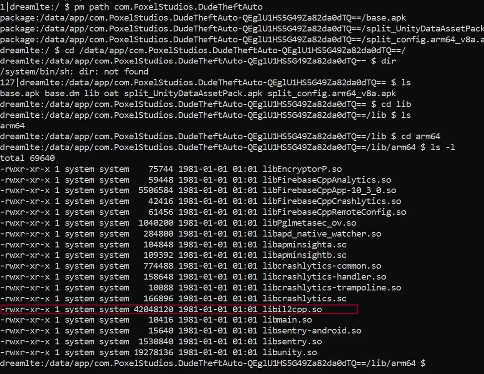 ADB shell showing libs folder with libil2cpp.so present after app installation on device