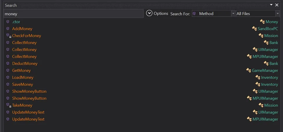 Dnspy search results showing methods containing money and coin related keywords in Assembly-CSharp
