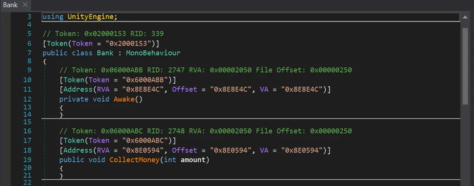 Dnspy decompiled CollectMoney function showing integer parameter added to bank account