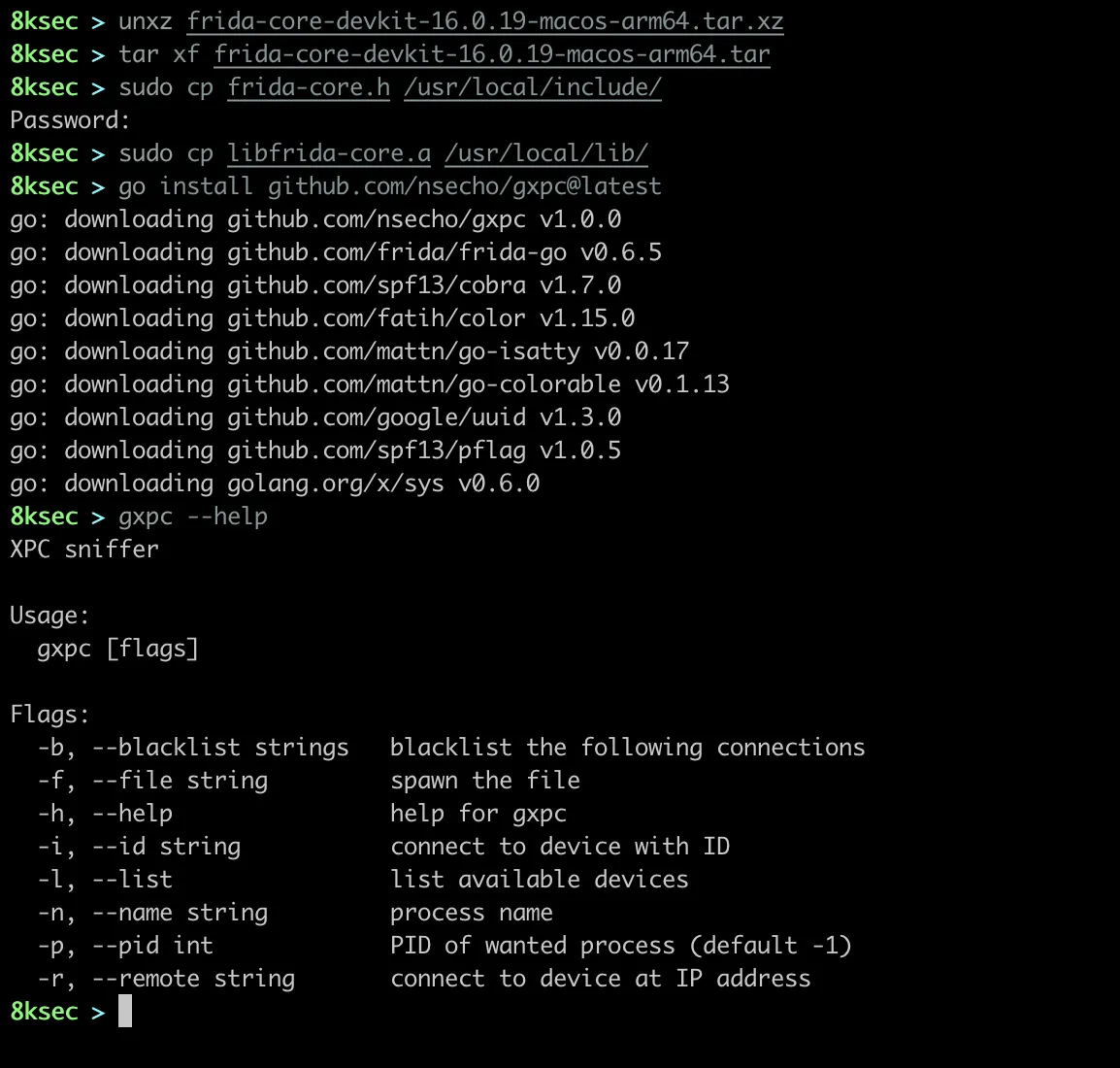 Terminal output showing successful gxpc installation on macOS