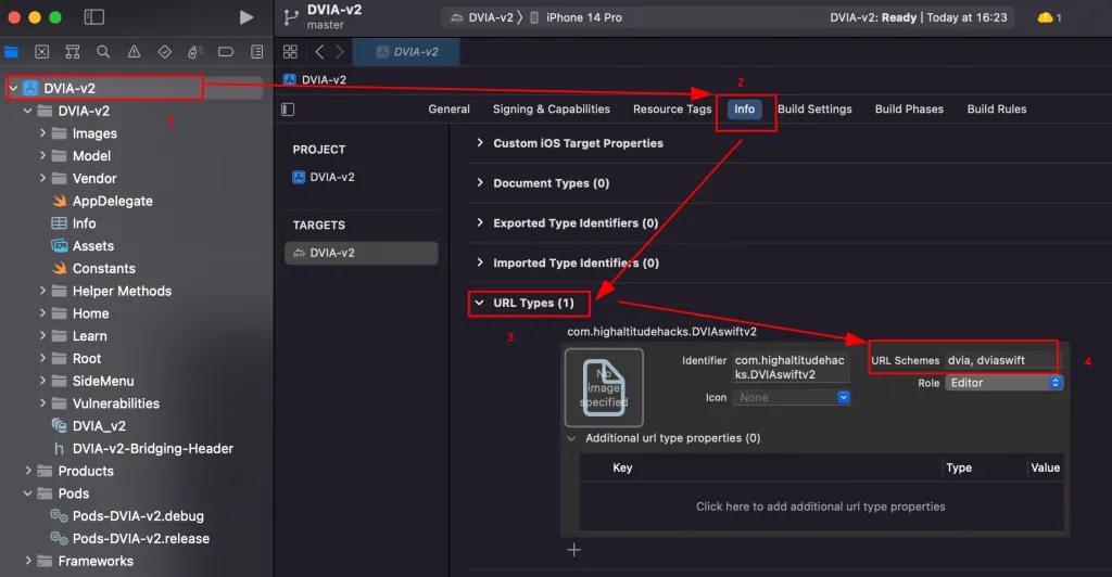 DVIA-v2 Info.plist showing CFBundleURLSchemes deep link configuration