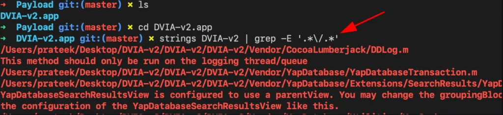 strings command output showing deep link path patterns extracted from DVIA-v2 binary