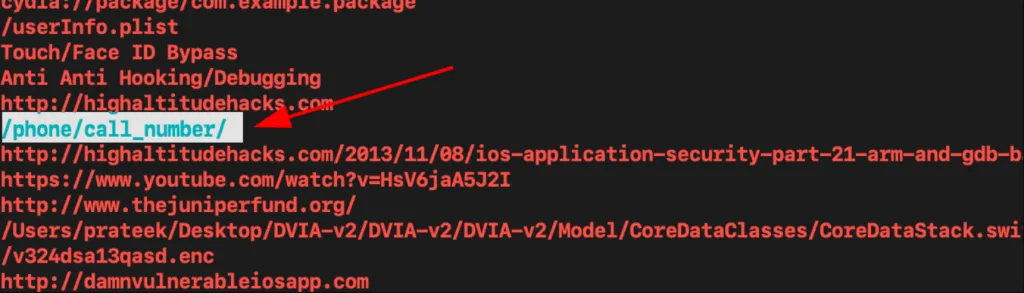 Filtered strings output highlighting /phone/call_number/ deep link path in DVIA-v2