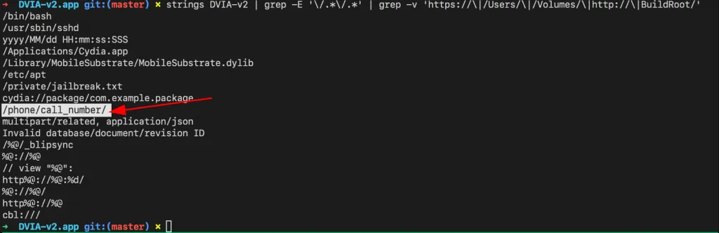 Refined strings grep output with irrelevant paths filtered out showing clean deep link list