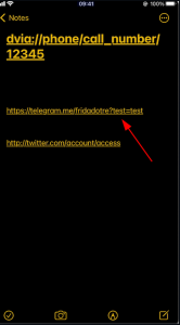 iOS Notes app with a Telegram deep link URL being used to trigger universal link handling