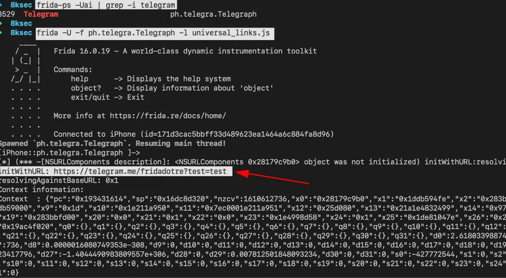 Frida universal_links.js script output showing intercepted continueUserActivity method with deep link URL