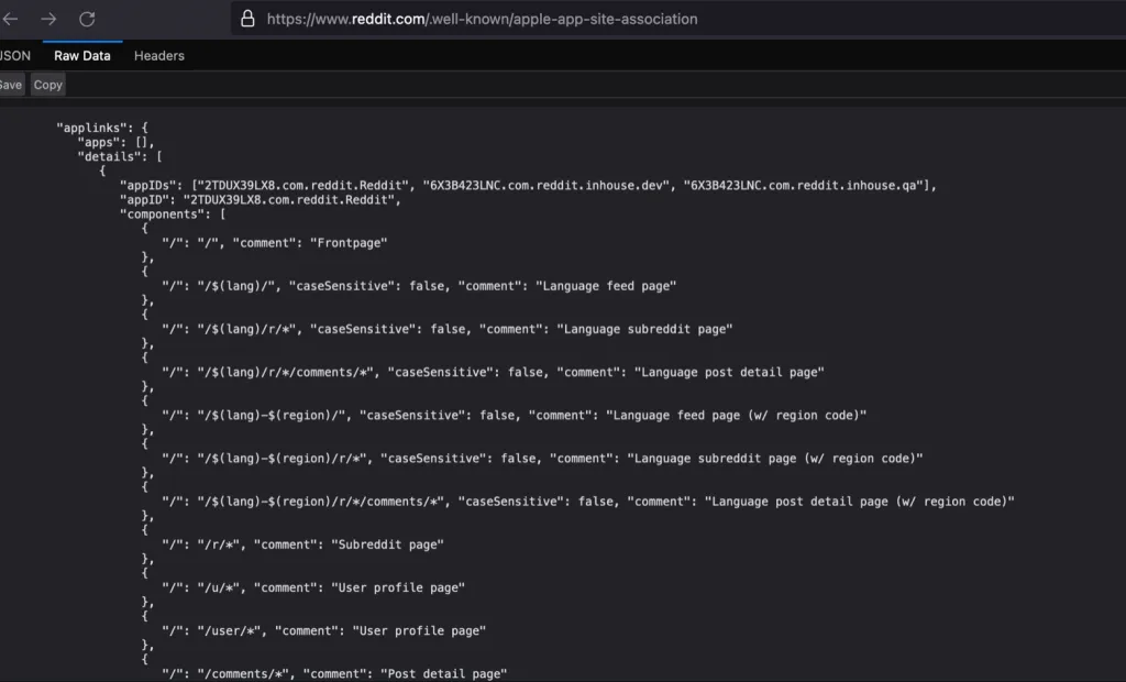 Reddit's apple-app-site-association JSON file listing allowed universal link paths and parameters