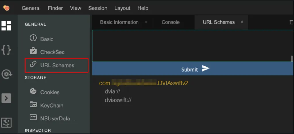 GrapeFruit tool displaying identified deep link URL schemes from an iOS app