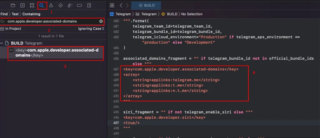 Xcode Capabilities tab showing Associated Domains with applinks configured for Telegram-iOS