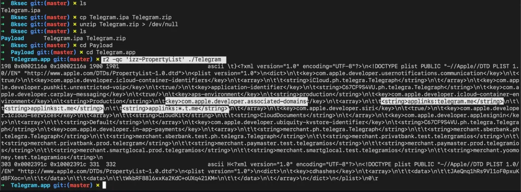 radare2 output searching for PropertyList strings to extract applinks from Telegram binary