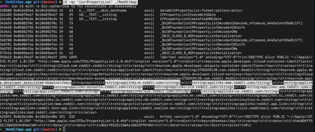 Apple App Site Association file from Reddit showing universal link paths and parameters