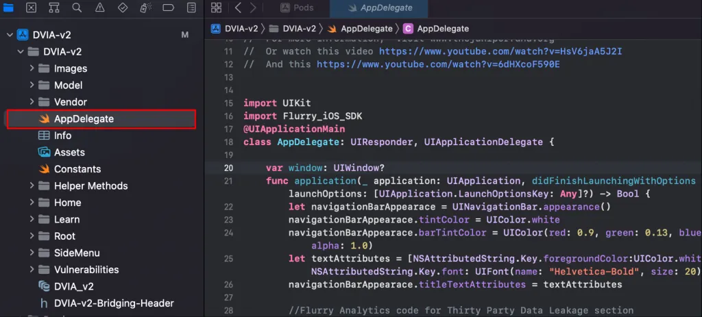 Xcode AppDelegate.swift file showing application:open:options: deep link handler function