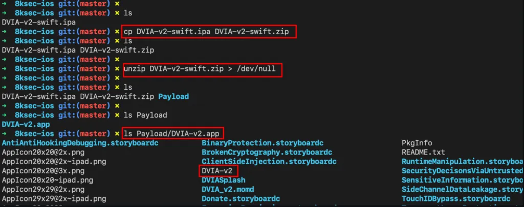 Terminal output listing contents of DVIA-v2.app after unzipping the iPA file