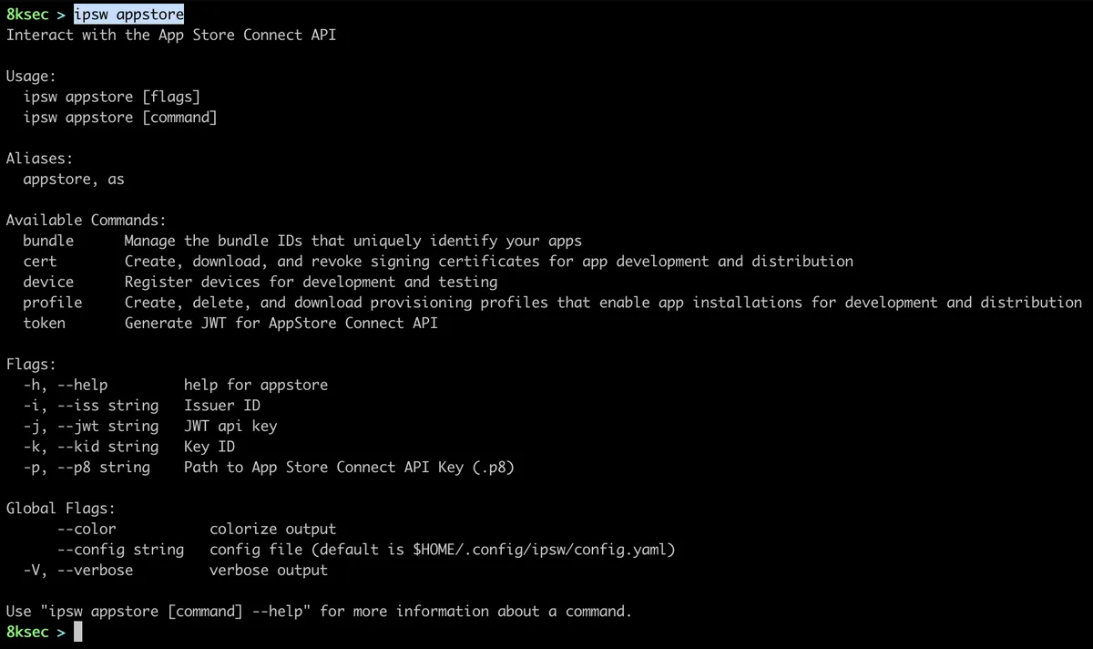 IPSW appstore command help output showing App Store Connect API subcommands