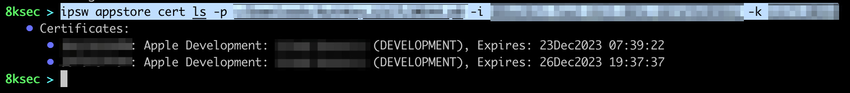 IPSW appstore cert ls command output listing signing certificates
