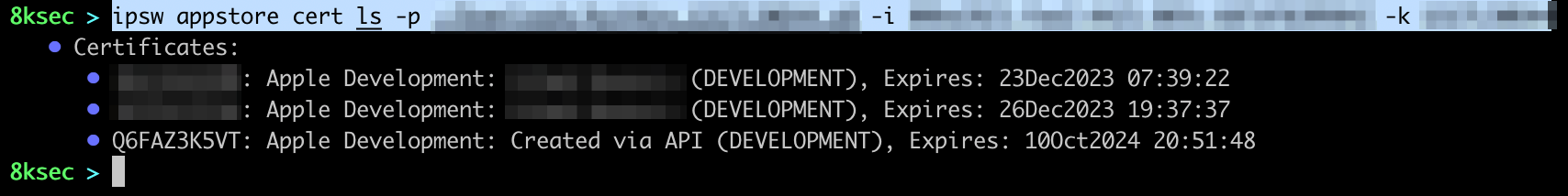 IPSW appstore cert ls output confirming the newly added signing certificate appears in the list