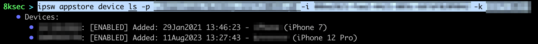 IPSW appstore device ls output listing registered devices by UDID, name, and platform