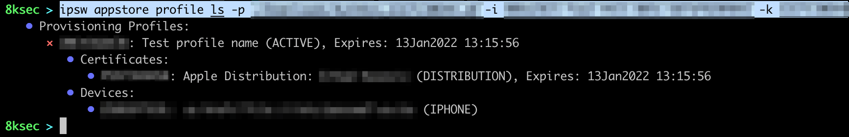 IPSW appstore profile ls output listing provisioning profiles with their IDs and expiration dates