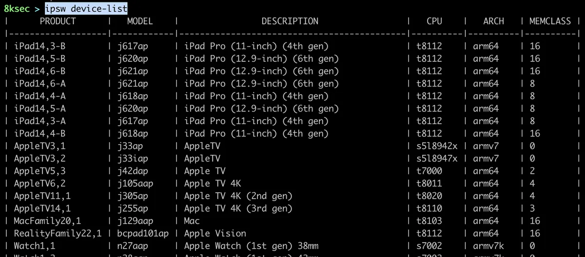 IPSW device list command output showing connected iOS/macOS devices with their identifiers