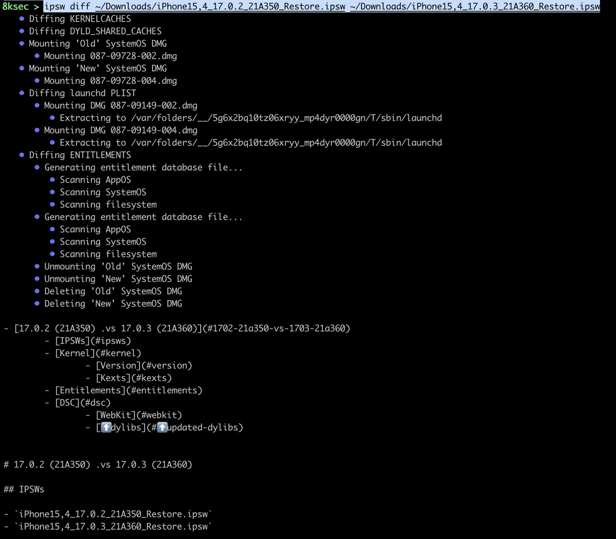 IPSW diff command help output showing options for comparing two IPSW files