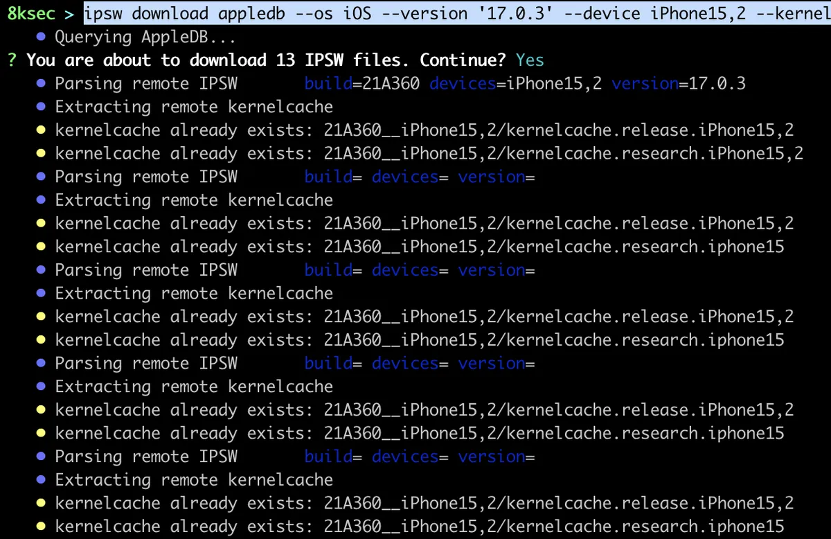 IPSW download appledb command output listing available firmware from the AppleDB database