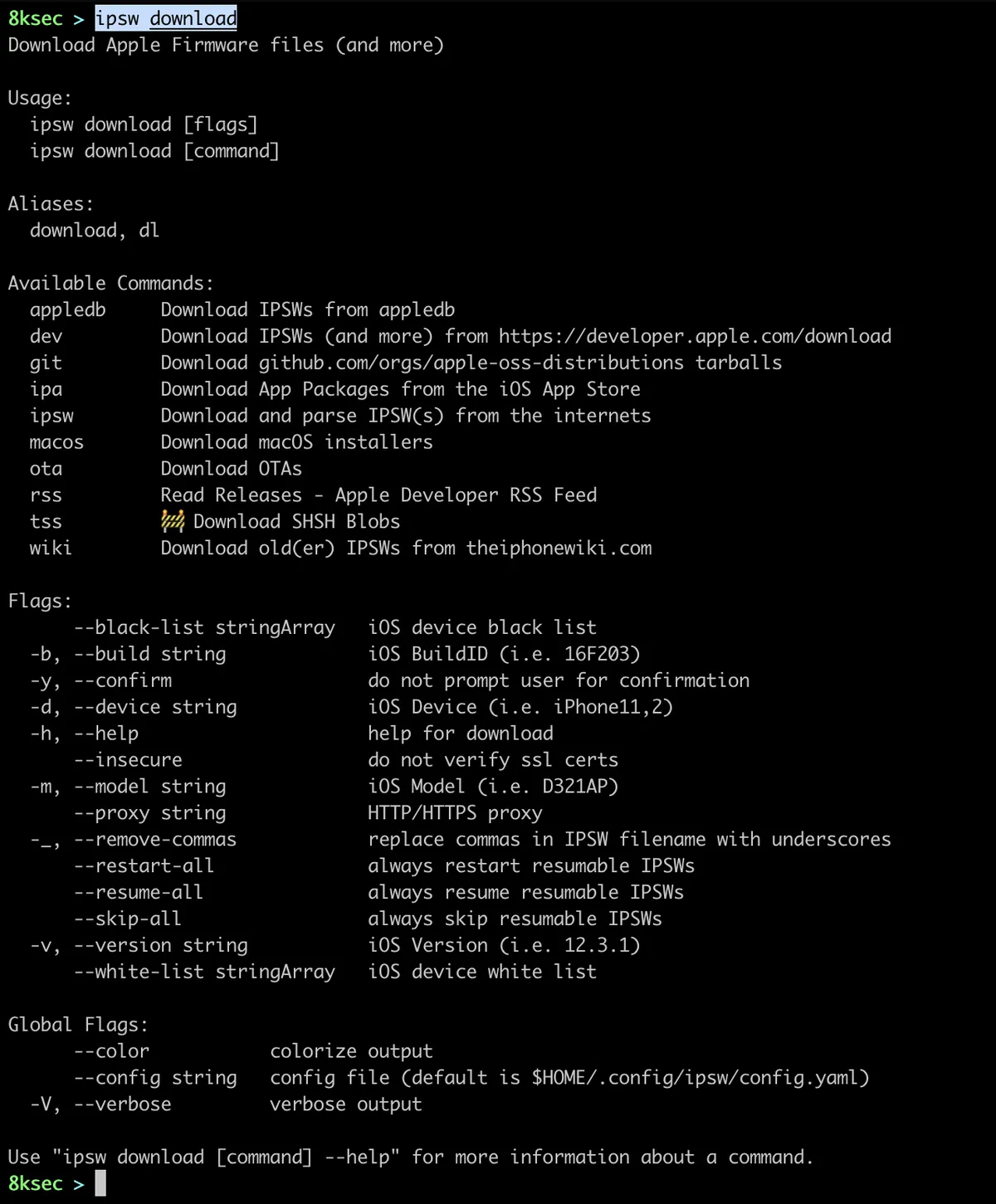 IPSW download command help output listing download subcommands for IPSW, OTA, and other firmware files